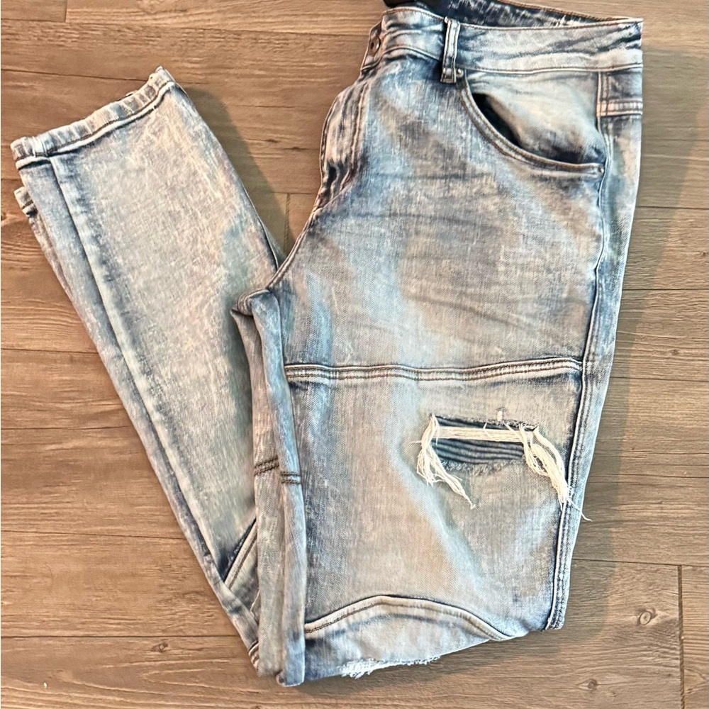 Fork Men’s Distressed Acid Wash Jeans – Size 36 | Light Blue, Street Style